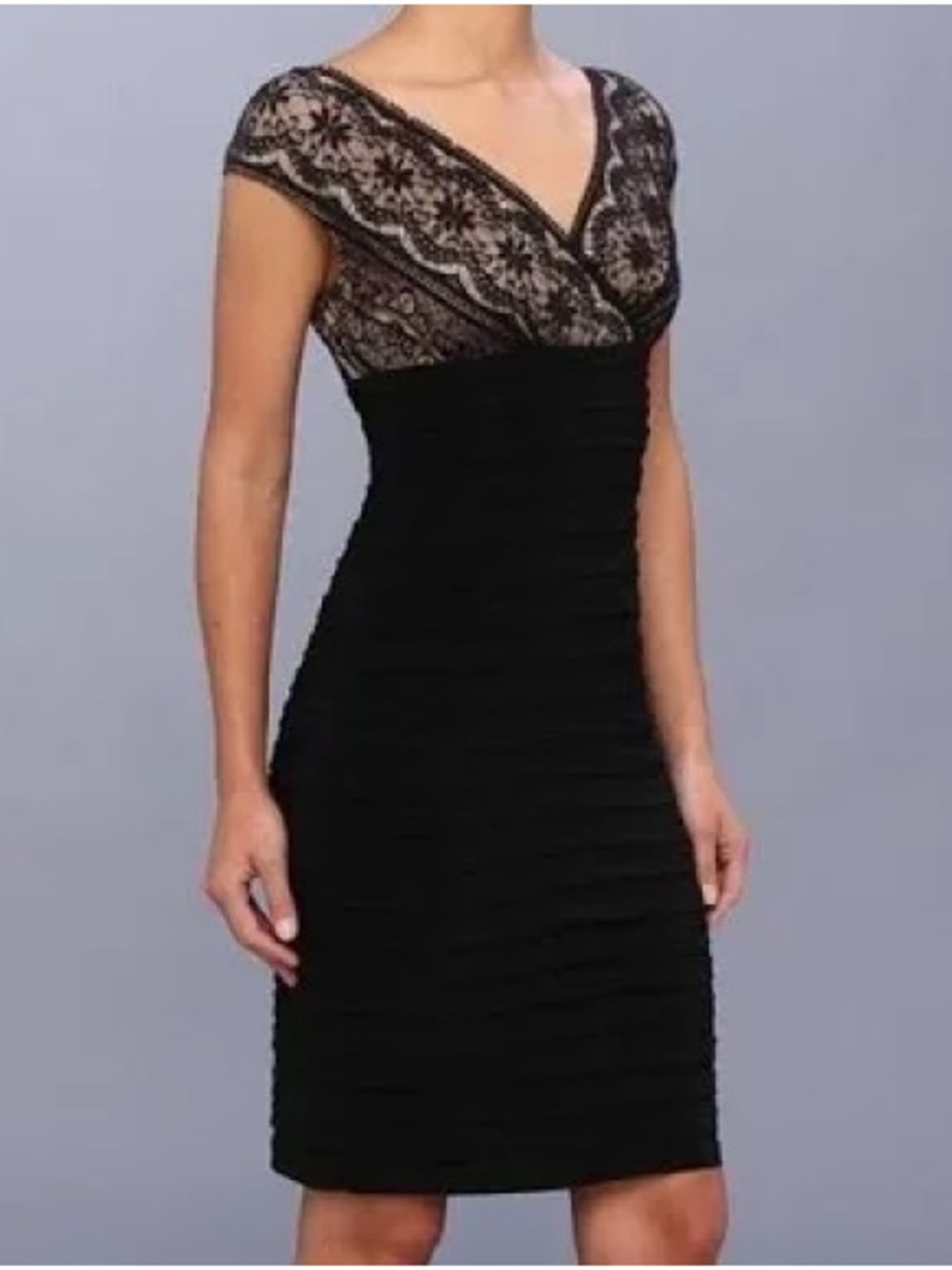 Adrianna Papell Black & Nude Lace V-Neck Cap Sleeve Mini Bodycon Dress sz 4